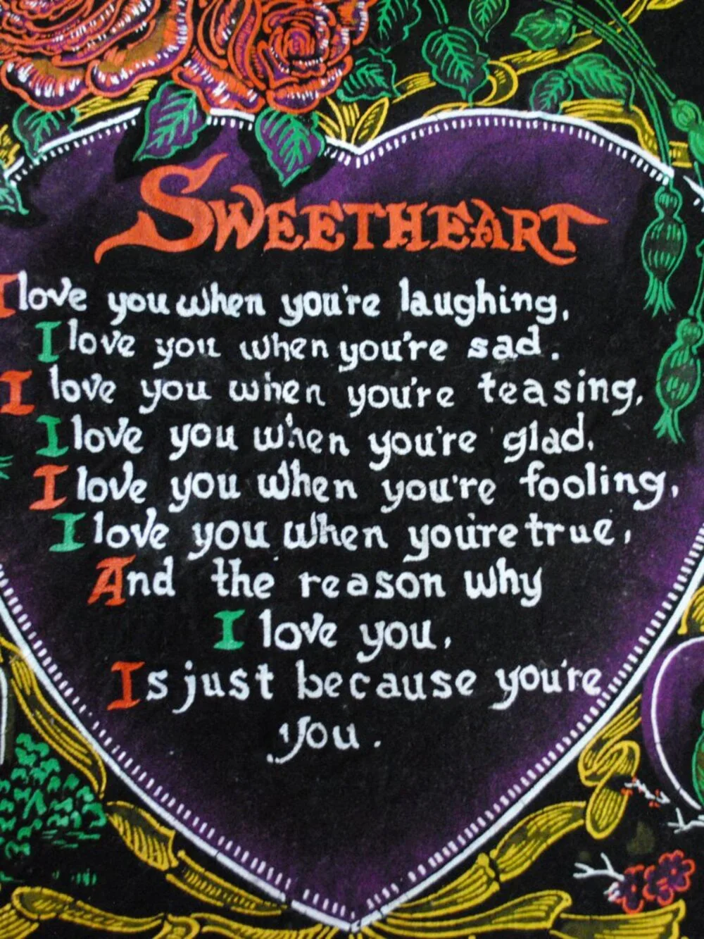 Vintage Sweetheart Poem Painted Black Pillow Case made in Japan 1950s